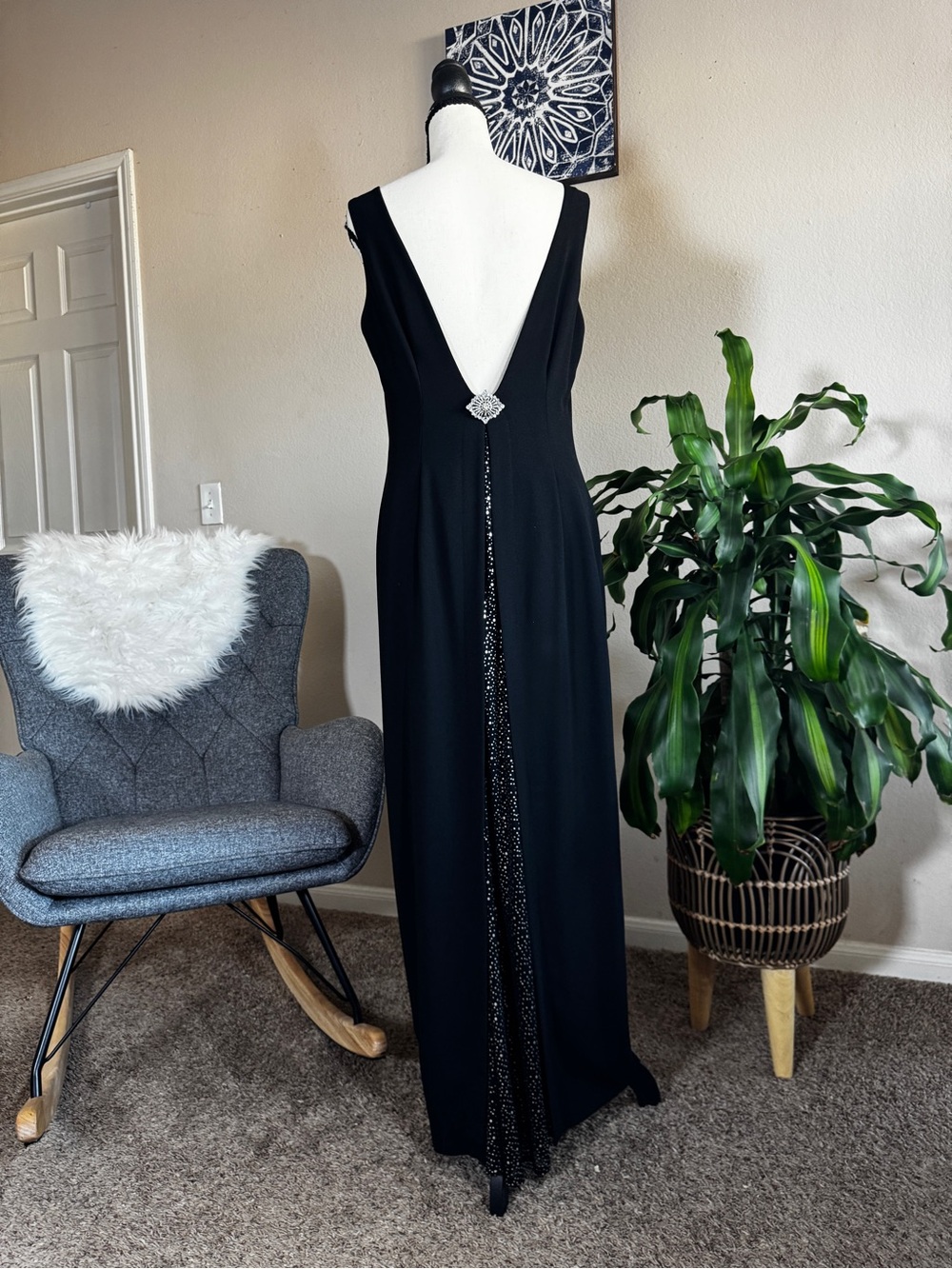 Joseph Ribkoff Black Backless Evening Gown with Sparkle Panel
